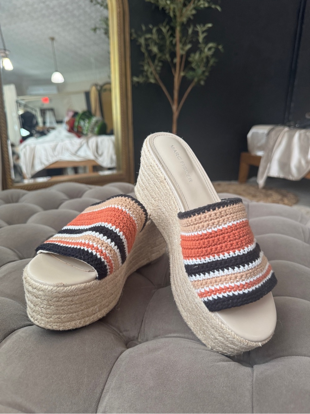 Marc Fisher Orange, Black & White Crochet Espadrille Wedge Mules